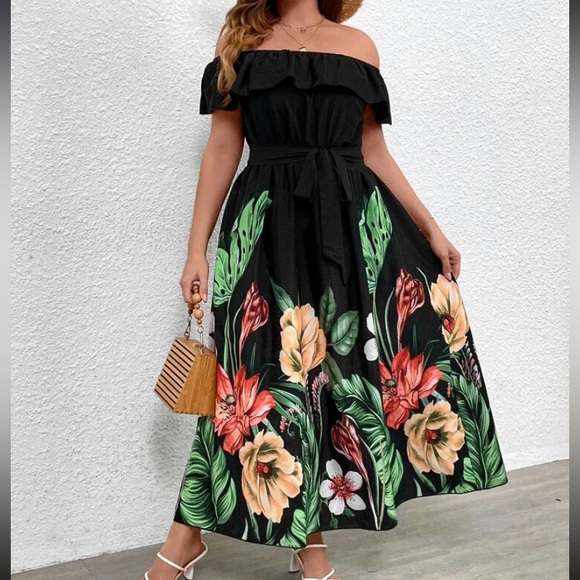 Plus size floral print off shoulder belted ruffle trim maxi dress - Picture 7 of 8
